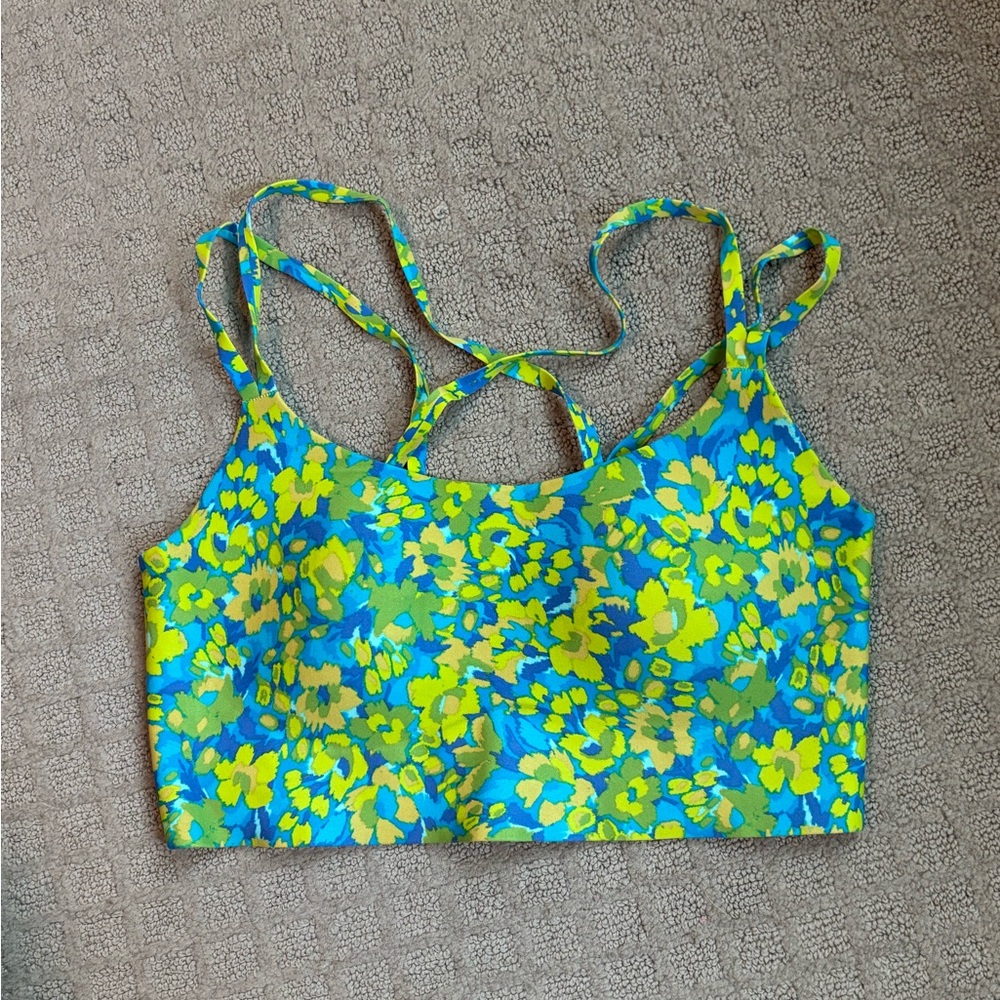 Offline by aerie Floral Strappy Sports Bra in Blue, Lime & Green, Size Medium